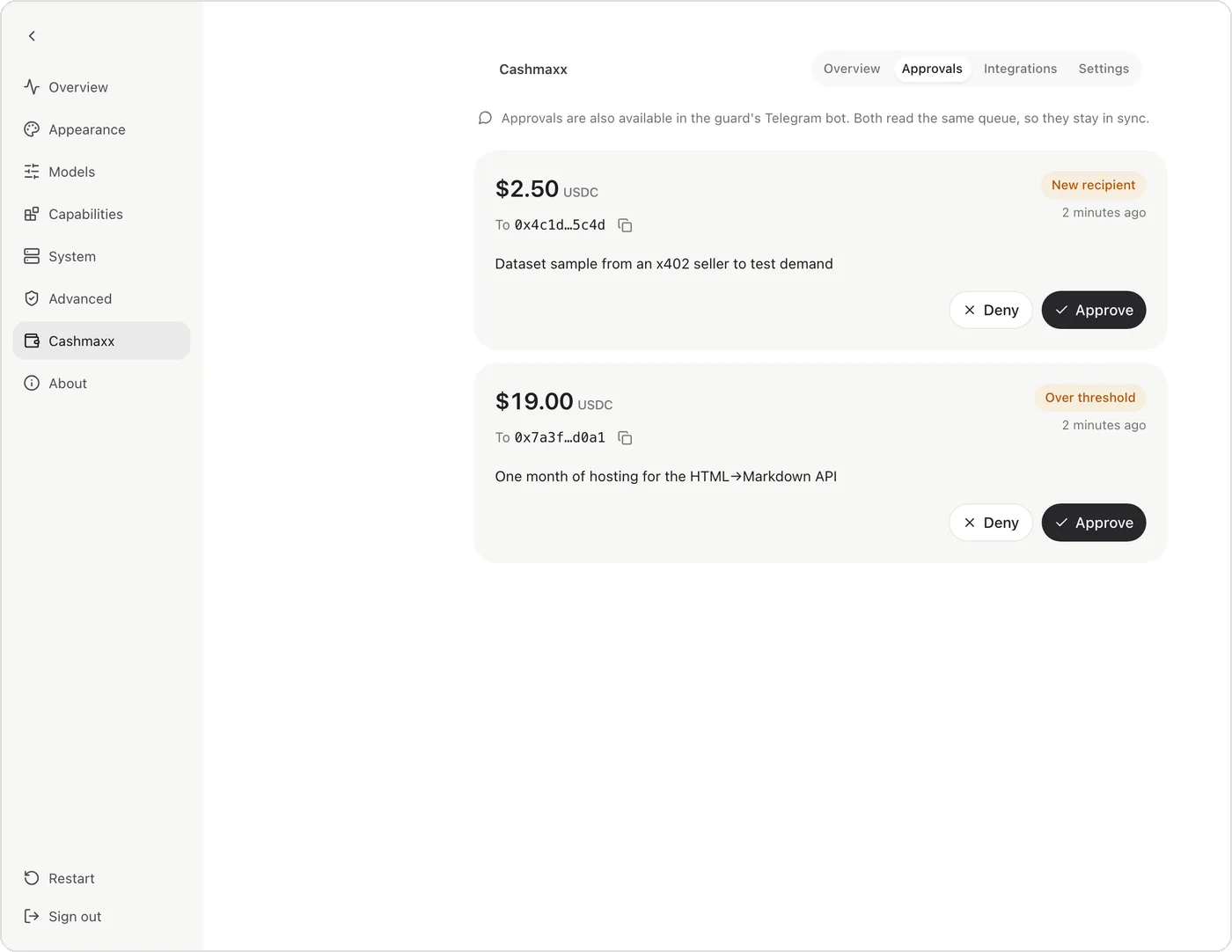 The Cashmaxx approvals queue in the WebUI, where payments that need the owner wait with their amount, recipient, and purpose.